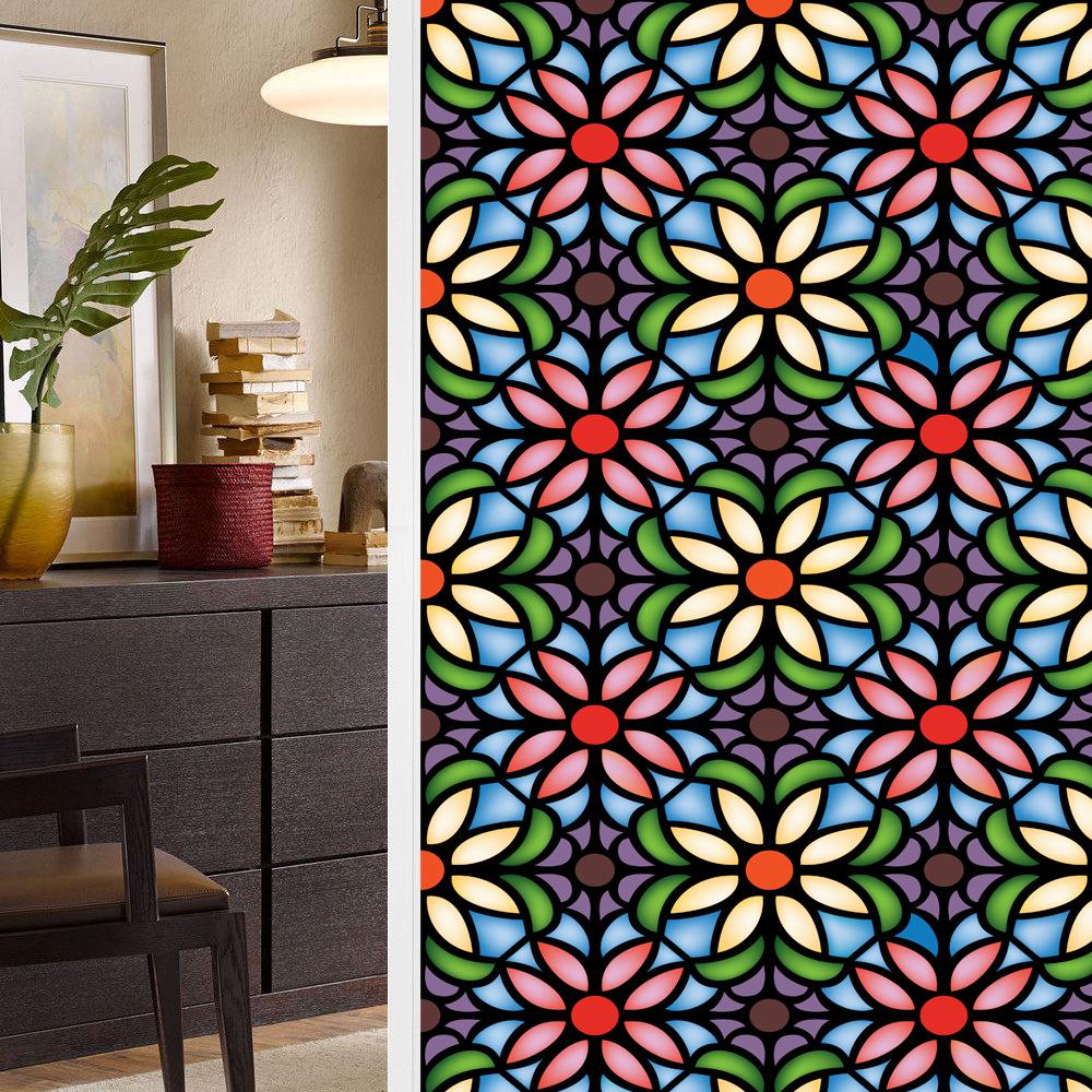Colorful Retro Floral & Bird Static Cling Window Film - No Glue, Removable