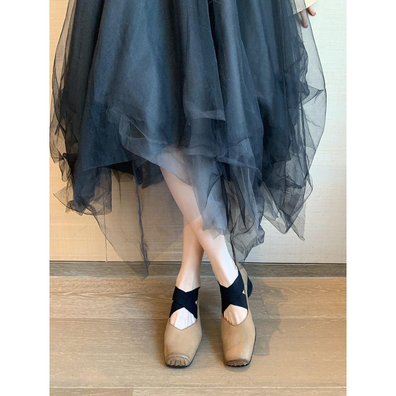 []~ Pig nose horse leather cross strap thick heel Mary Jane ballet shoes women's single shoes