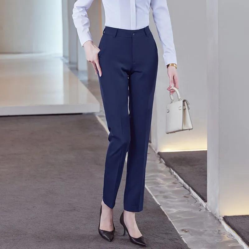 Women's Business Casual Black High Waist Straight Leg Trousers