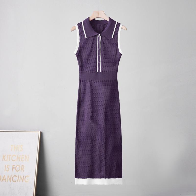 Temperament elegant contrasting color lapel short-sleeved dress women's waist simple and thin pit strip long dress women