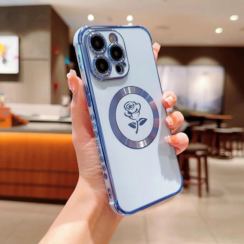 Etui z ramką 6D, z kwiatem róży z boku, dla iPhone 15 14 Plus 11 13 12 Pro Max, wstrząsoodporne, z możliwością ładowania bezprzewodowego, silikonowe, magnetyczne