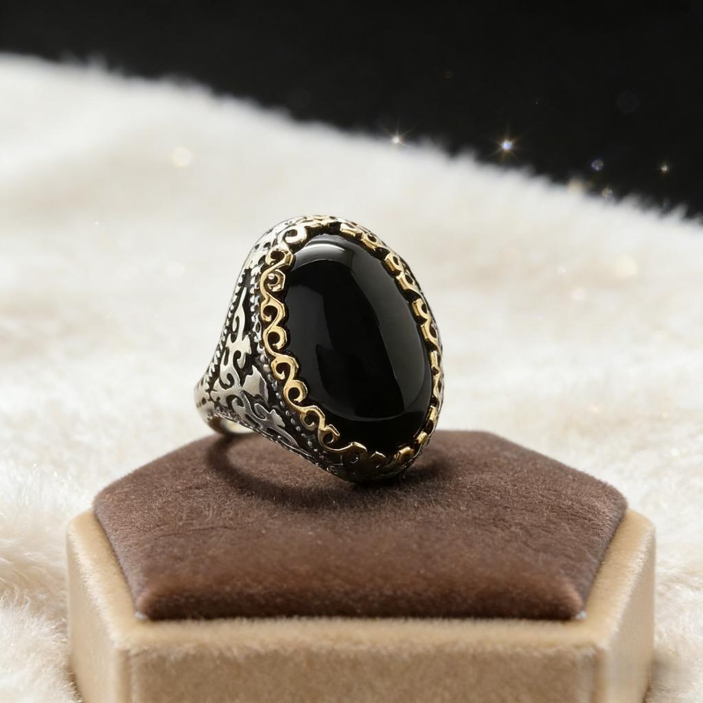 Vintage Men‘s Obsidian Signet Ring, 13x18mm Black Gemstone Set In Antiqued Silver, Masonic Style Bold Jewelry for Him