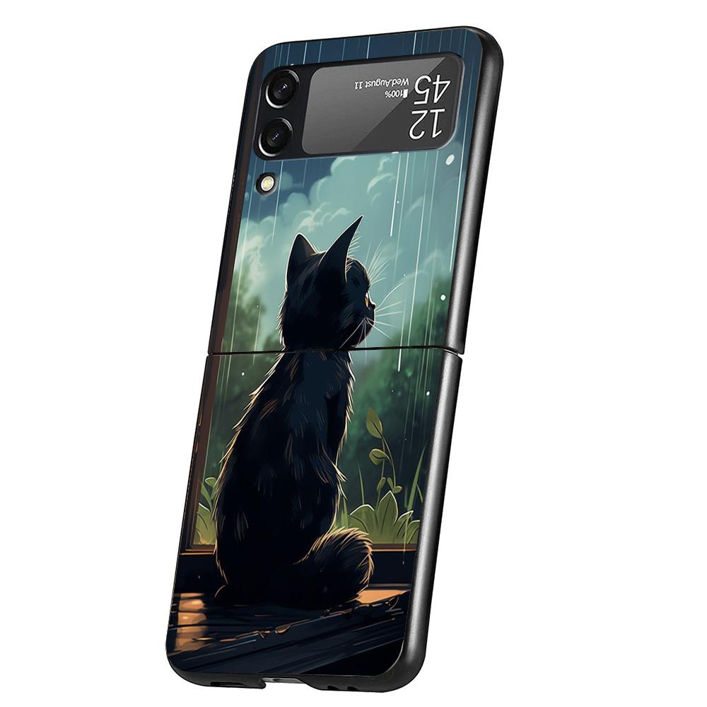 Anime Cat Rain Animal Cover Phone Case For Samsung Galaxy Z Flip 7 6 5 4 3 5G Flip7 Flip6 Flip5 Flip4 Flip3 Black Fundas Shell G