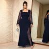 Women Plus Size Long Sleeve Bodycon Gown Square Neck Mesh Sleeve Sequins Formal Dress
