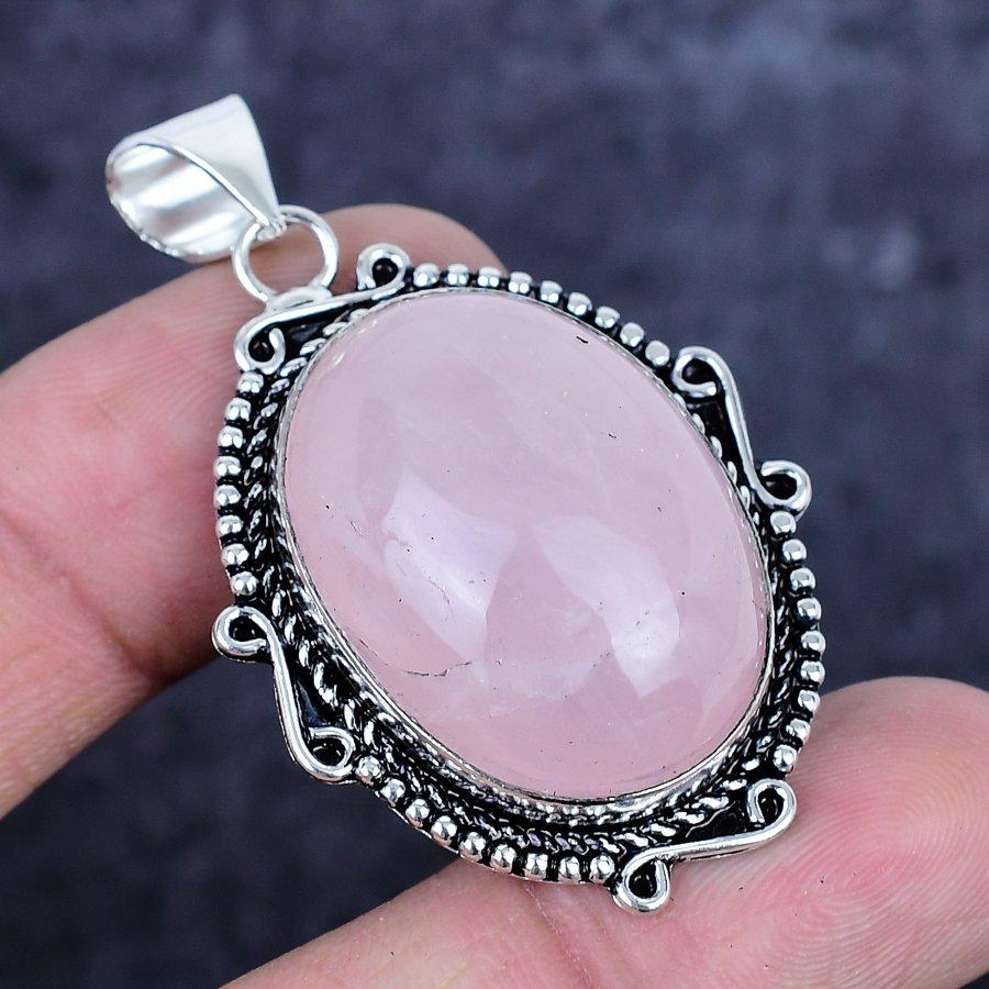 Pendente in Argento Sterling 925 Fatto a Mano con Pietra Naturale Quarzo Rosa 2,05" ETC-14311