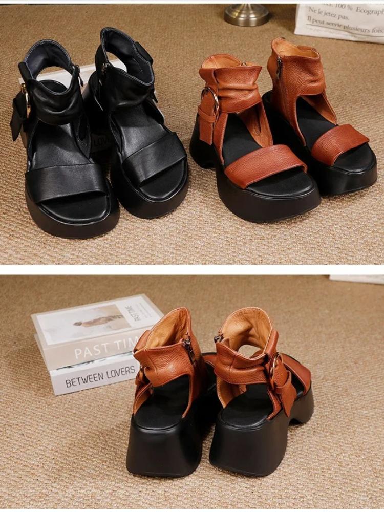 Johnature Genuine Leather Peep Toed Thick Soled Shoes Height Increasing Retro Women's High-heeled Sandals