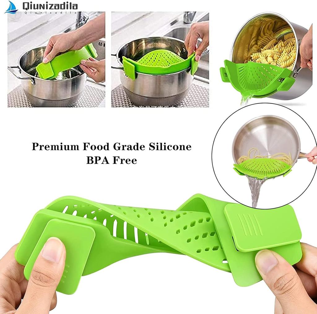 2 Pcs Silicone Clip on Strainer for Pasta Meat Vegetables Fruit, - Fit All Pots and Bowls.