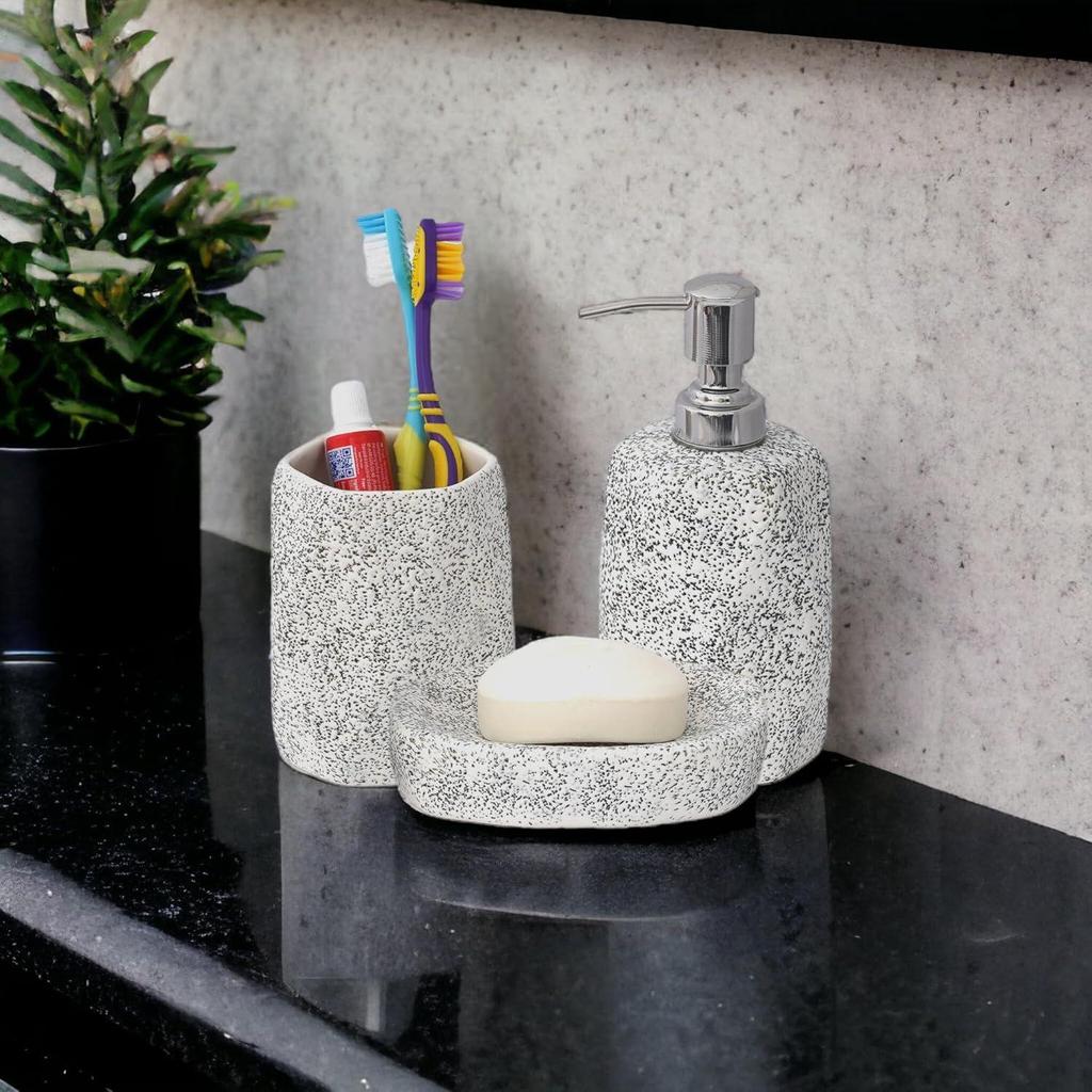 Ceramic Bathroom Accessories Set of 3 | Modern Luxury Bath Set with 300ml Soap Dispenser, Toothbrush Holder & Soap Dish | Bathroom Decor Items
