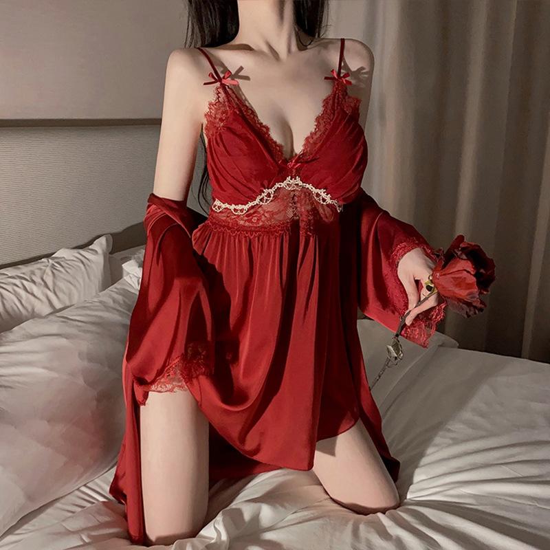 Pajamas Ladies Summer Ice Silk Sexy Lace Premium Sense Suspender Chest Pad Pajamas Thin Spring and Summer Loungewear