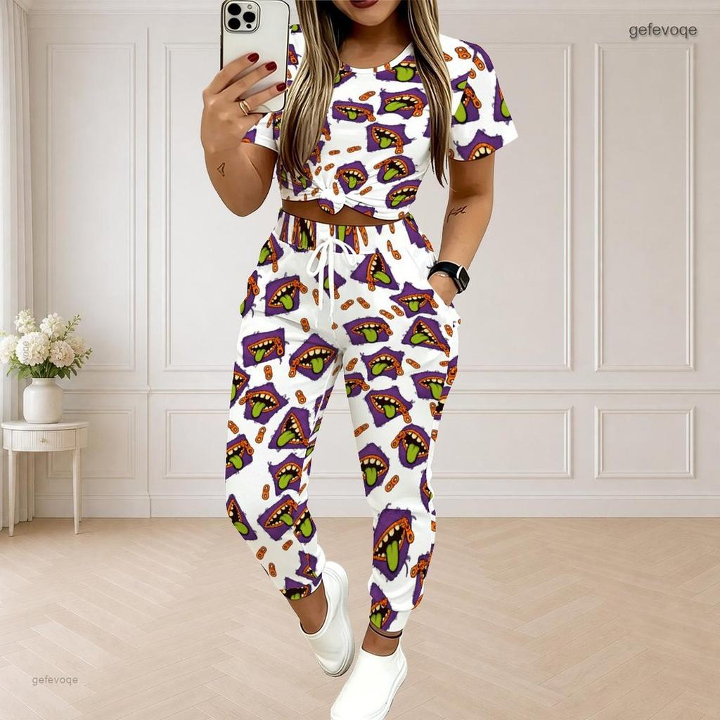Women Plus Size White Purple Printed Round Neck Short Sleeve Top Drawstring Cuffed Pocket Pants Two Piece Set