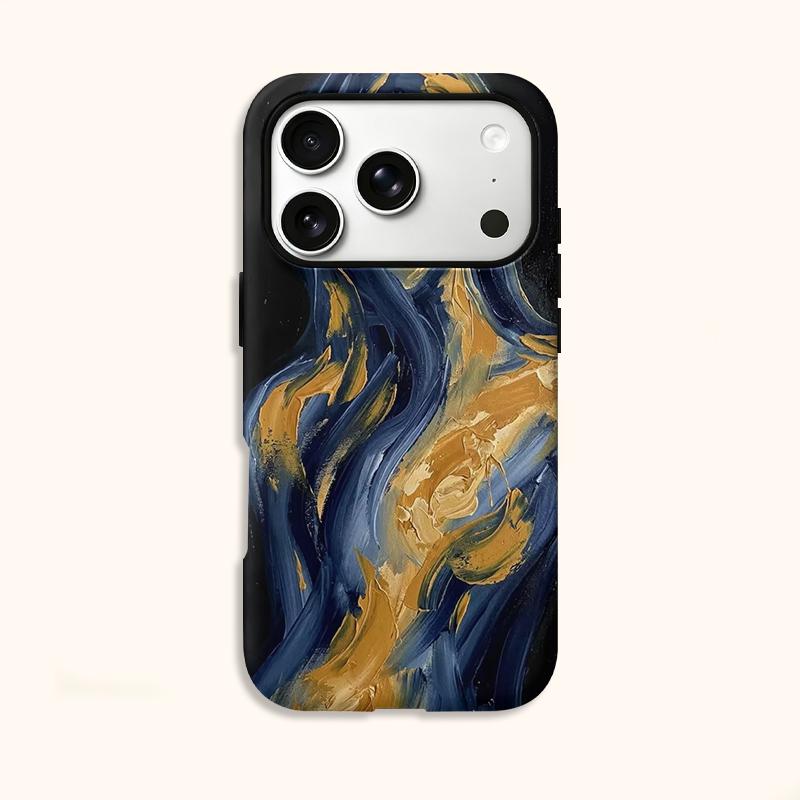 Luxurious Golden Blue Thick Oil Painting Abstract Swirl Fluid Art Film Aesthetic Protective Shockproof Bumper Case Cover For iPhone 14 15 16ProMaxPlus