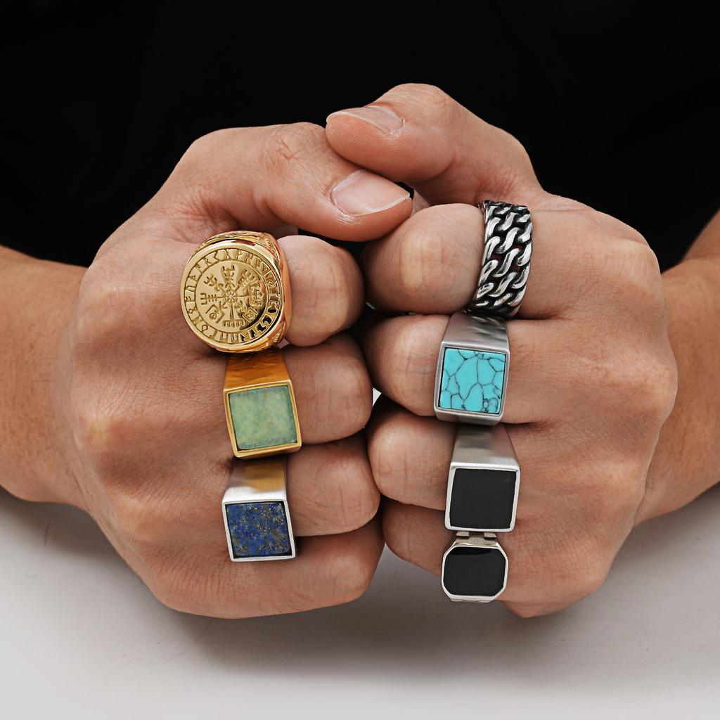 Cool Punk Vintage Natural Stone Rings for Men, Geometric Stainless Steel Signet Rings, Stylish Retro Ethnic Finger Jewelry Gift