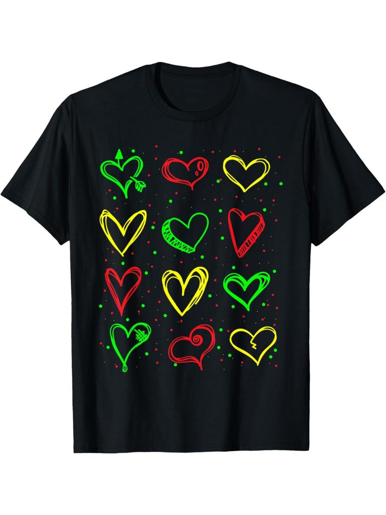Kwanzaa Pan African Colors Heart Doodle Graphic Tee Men's Casual Round Neck Cotton T-Shirt