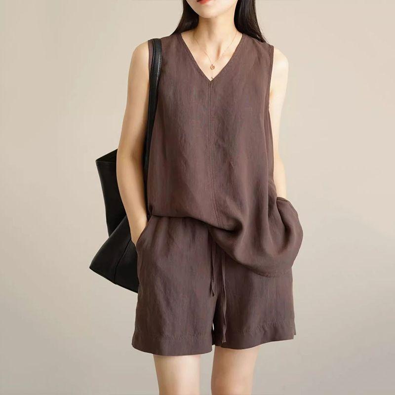 Summer Cotton Linen Casual Sleeveless Two-Piece Set Simple Top Shorts Fashion Design Comfortable Polyester Blend Women's Outfit