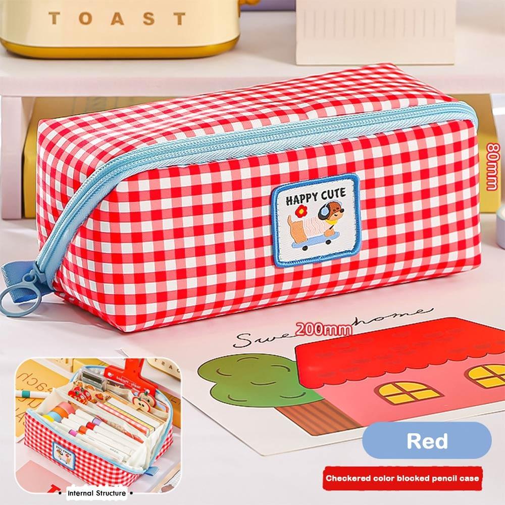 Большая вместимость Школьный пенал Клетчатый узор Мультяшная пенал-карандашница Высокий внешний вид Сумка для канцелярских принадлежностей Школьные принадлежности