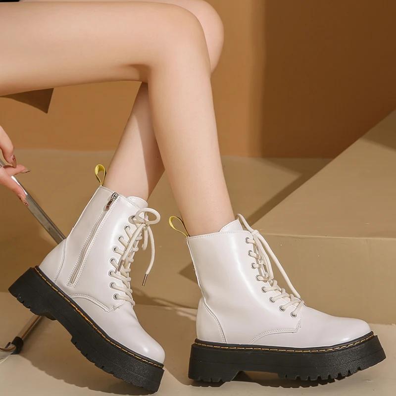 Mote Nye Minimalistiske Snøresko Kamp Kvinner Støvler Chunky Hæl Plattform Kvinner Støvler Britisk Stil Tykk Såle Øk Høyde Fritidssko