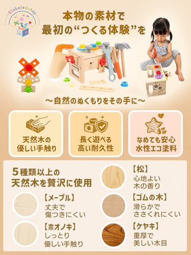 Wooden Carpenter Kit with Montessori Tools [Recommended by Educational Professionals] [Promotes Hand and Finger Development] [Food Sanitation Law Exam