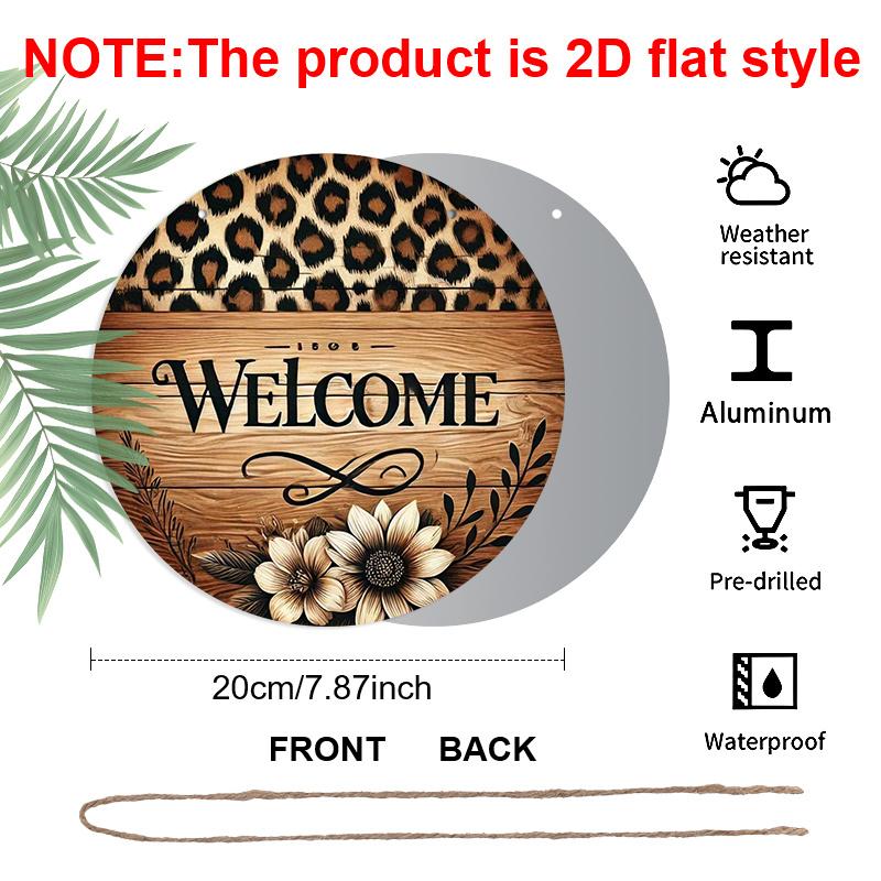 2D Flat Aluminum 7.87 Inch X 7.87 Inch Leopard Print and Floral Pattern Welcome Sign Wall Decoration, Vintage Style. Suitable for Cafes, Living