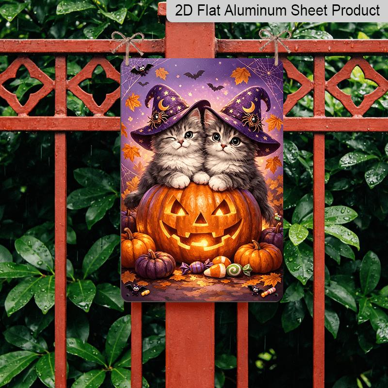 2D Flat, 1pc Cute Witch Kitten Pumpkin Aluminum Sign, Halloween Wall Decor, Mystery Wall Art for Halloween Themed Space - Perfect for Spooky