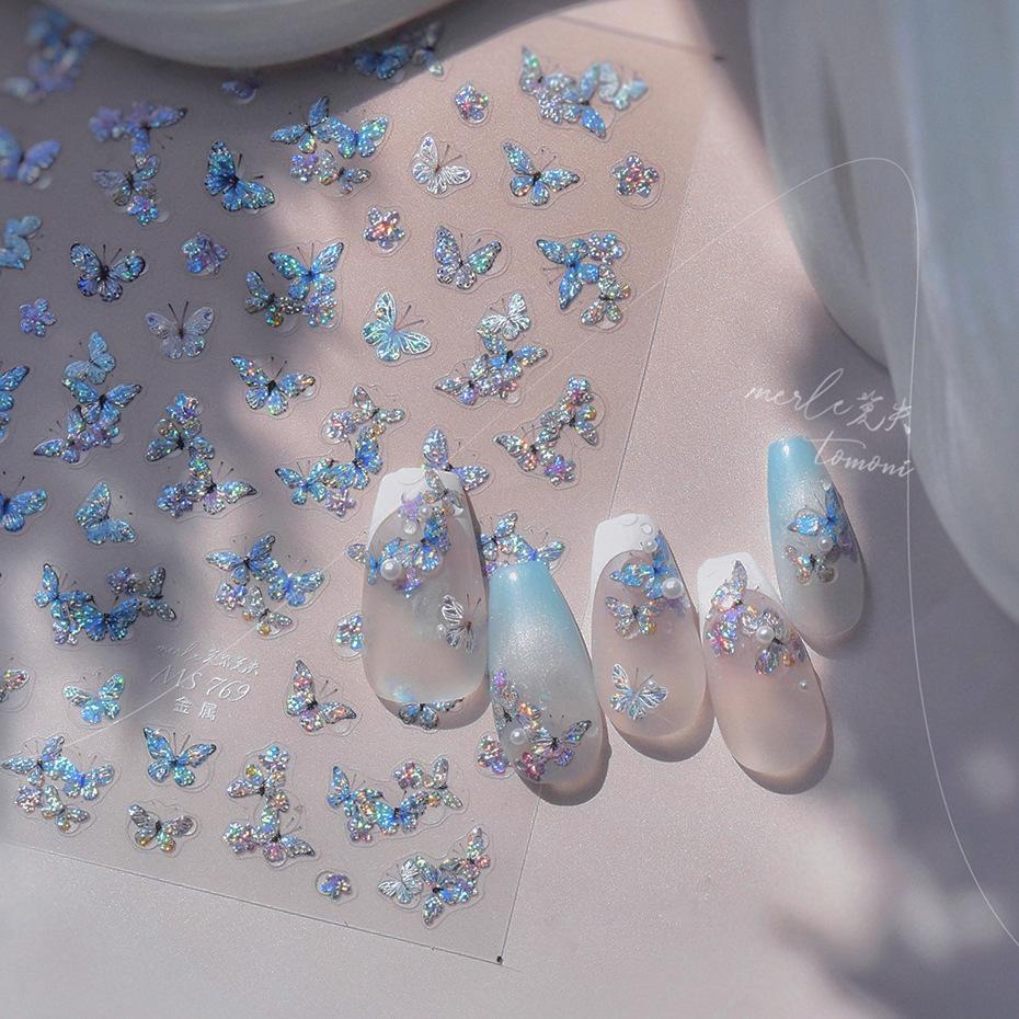 1 Piece 5D Retro Colorful Hand-painted Butterfly Nail Stickers Shell Light Butterfly Rhinestone Soft Relief Nail Art Stickers