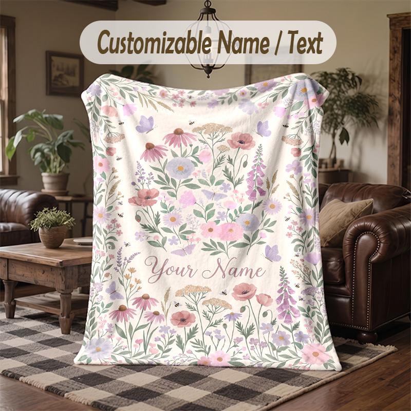 Floral Garden Butterflies Theme Throw Blanket Custom Name Text Personalized Blanket Soft Cozy Blanket for Home Sofa Bed