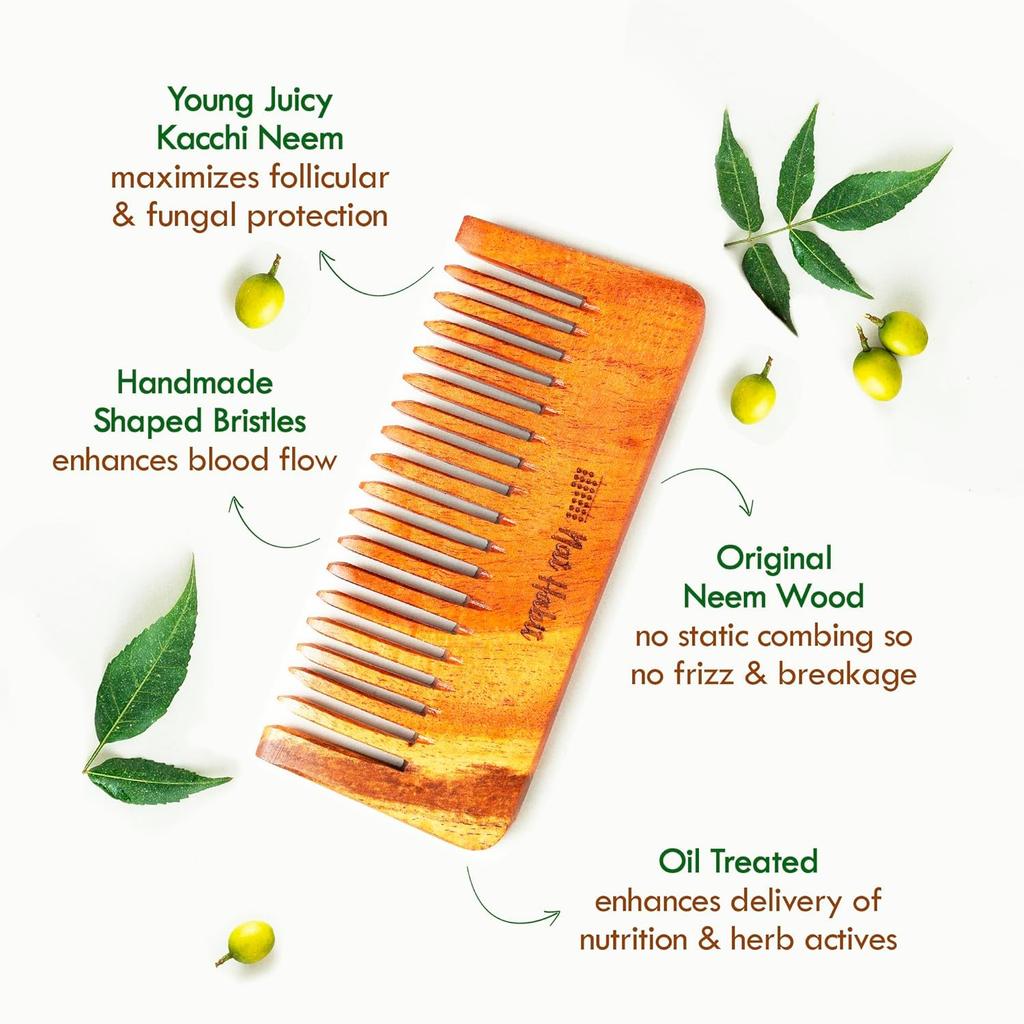 Nat Habit Kacchi Neem Wooden Shampoo Comb, Wide Tooth Hair Detangler For Long And Thick Hair, Herb Soaked And Oil Infused
