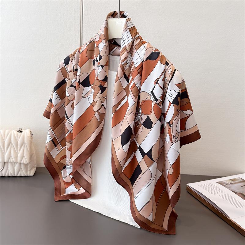 Luxury Women's Soft Satin Hair Scarves Fashion Square Geometric Printed Headscarf 90cm Professional Accessories Designer Scarf