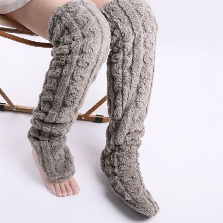 Womens Over Knee Fuzzy Stockings Cable Pattern Furry Fleece Thigh High Long Socks Winter Leg Warmer Slipper Stockings
