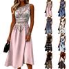 Ärmelloses Freizeitkleid für Damen Rundhalsausschnitt Mittellang Blumenmuster Sommerkleid mit tailliertem Bund und ausgestelltem Rock