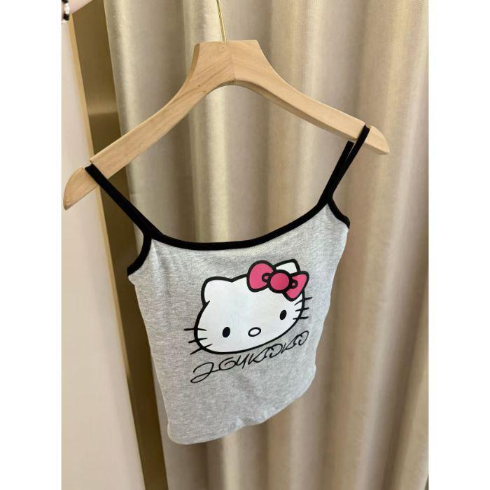 Summer New Sweet and Spicy Style Contrasting Color Edge KT Cat Print Suspender Vest Female Slim Slim and Thin Versatile Top