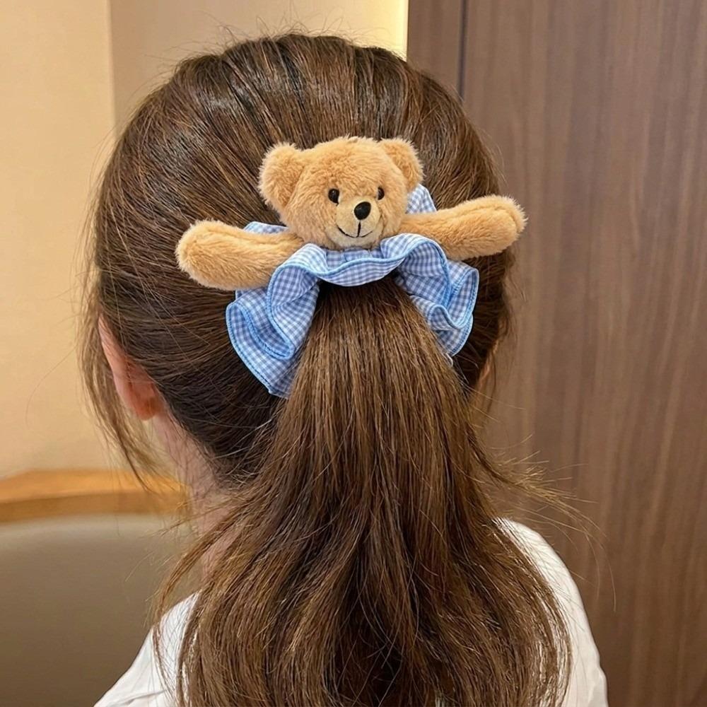 Versatile Plaid Ponytail Holder Cute Hair Rope Gift Plush Bear Scrunchies Office