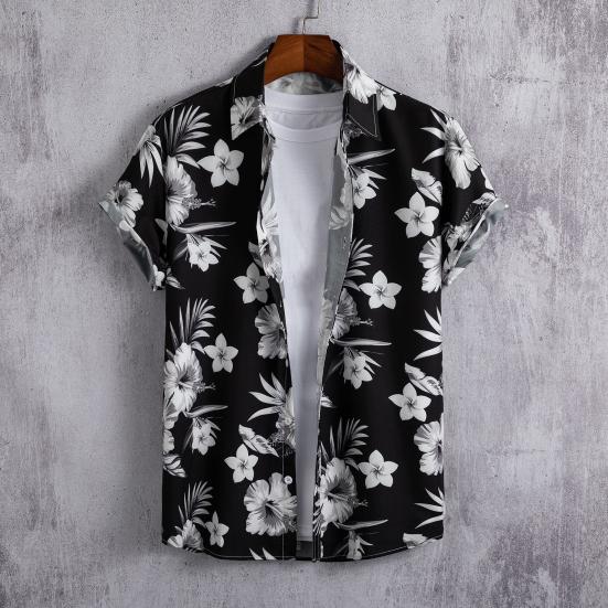 Lapel Short Sleeve Men Shirt Buttons Closure Thin Anti-pilling Summer Flower Printed Hawaiian Shirt Beachwear