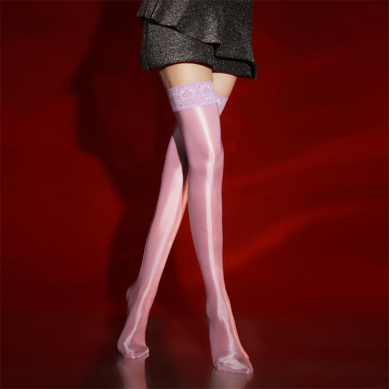 Solid Color Smooth Fabric Hold Up Sexy Stockings Lace And Oil Glossy Soft Satin Knee High Shaping Hosiery Party Dance Long Socks