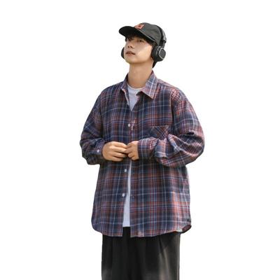 Camisa Xadrez Japonesa Masculina Manga Longa Primavera e Outono Retrô Adolescente Estilo Bonito Tendência Casual Camisa Jaqueta