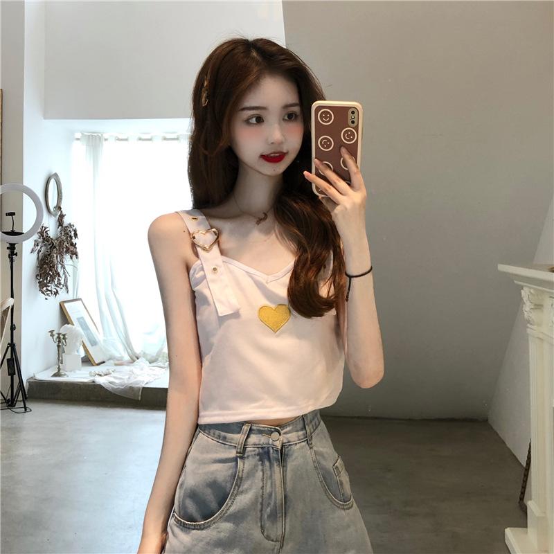 Ice Sweet Design Love Embroidered Vest with Adjustable Halter Women's Summer Short Knit Top