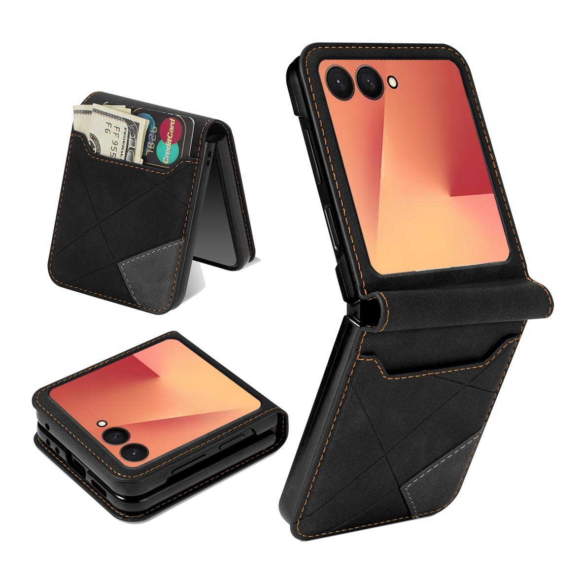 

Для Samsung Galaxy Z Flip7 5G Чехол Держатель для карт Цветное сочетание ПУ кожа+ПК Чехол для телефона Black