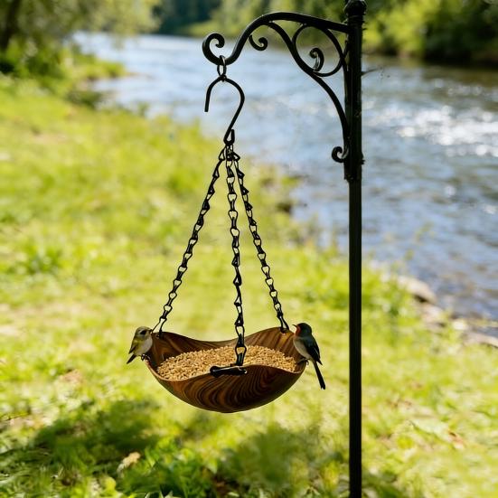 Hanging Bird Bath Wooden Bird Feeder with Chain Outdoor Bird Water Bowl Feeding Tray for Garden Outside Hummingbirds Drinking Bathing