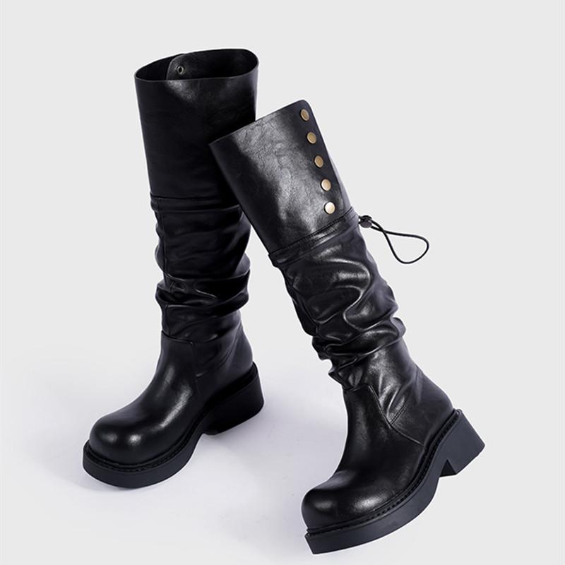 Autumn Winter Patent Leather Punk Gothic Platform Women Knee-high Boots Fashion Rivet Button Heeled Motorcycle Booties Shoes