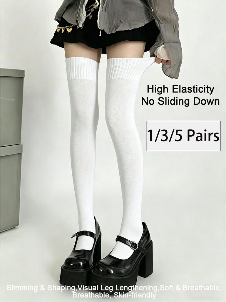 1/3/5 Pairs Women White Thigh High Socks Non-Slip Stretchy Knit Over The Knee Socks