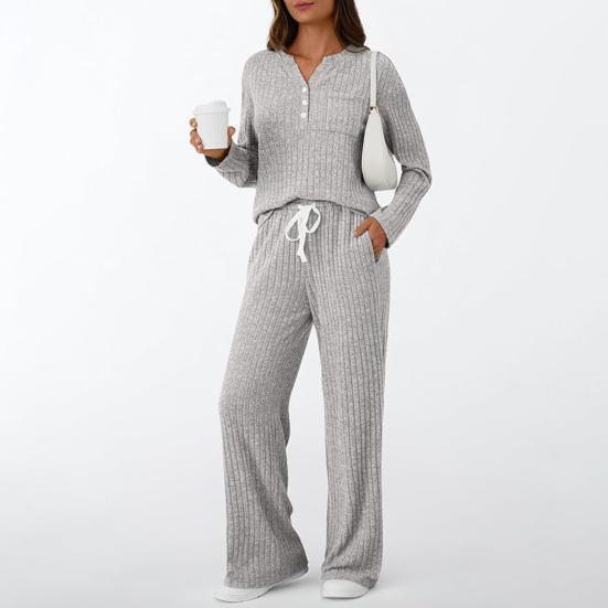 Women's 2 Piece Lounge Outfits Casual Long Sleeve Top Wide Leg Pants Pajamas Set Ribbed Sweater Sleepwear