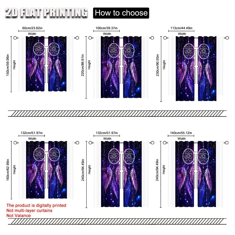 2Pcs Purple Dreamcatcher Feather Digital Printed Window Curtain Suitable For Living Room Bedroom Study Home Decoration Rod