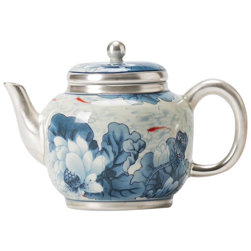 Gilded Silver Lotus Blue & White Porcelain Tea Set