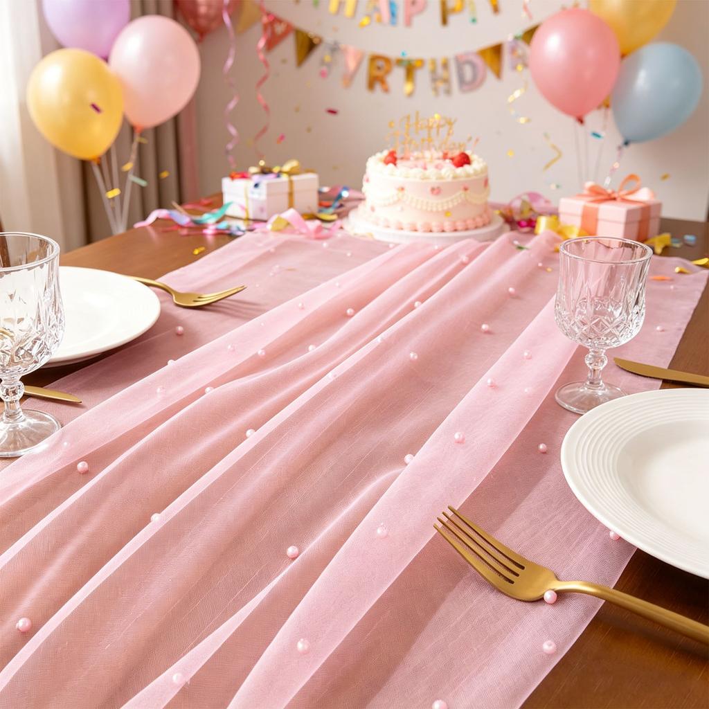 Prl Table Runner Romantic Prl Tulle Gauze Tablecloth Wedding Table Decor for Birthday Party Anniversary Holiday