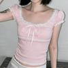 Pure Desire Hot Girl Style Lace Patchwork Bowknot Pink Top Summer 2026 New Sweet Short Sleeve T-Shirt
