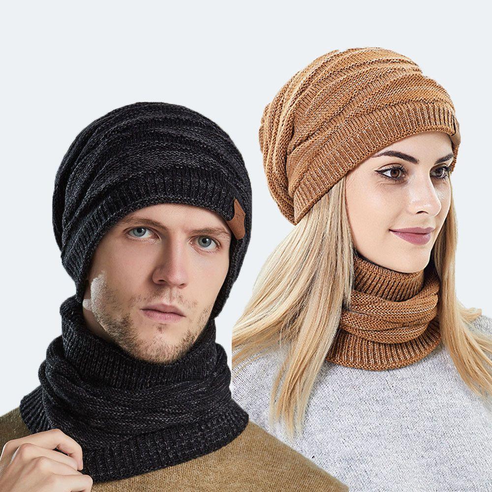 Outdoor Damen Herren Gestrickte Winter Kopfbedeckungen Mützen Kappen Beanie Hüte Schal Set