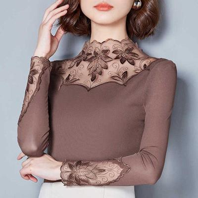 Hollow Out Women Spring Autumn Style Lace Blouses Shirts Casual Long Sleeve Patchwork Spliced Turtleneck Blusas Tops