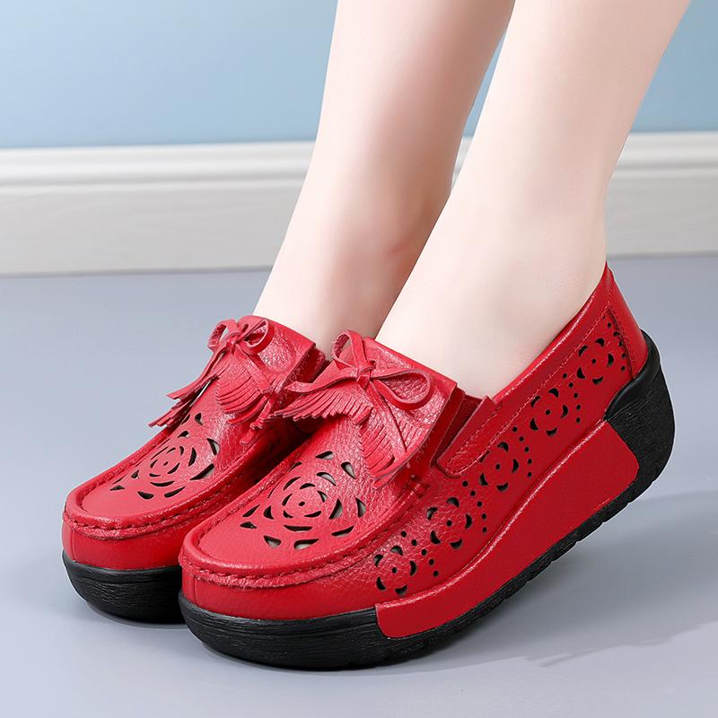 Damen Plateau-Loafer mit dicker Sohle, zum Reinschlüpfen, lässig, für den Sommer, höhere Körpergröße, gelbe Lederschuhe, hohl, atmungsaktiv, Schuhe für die Mutter