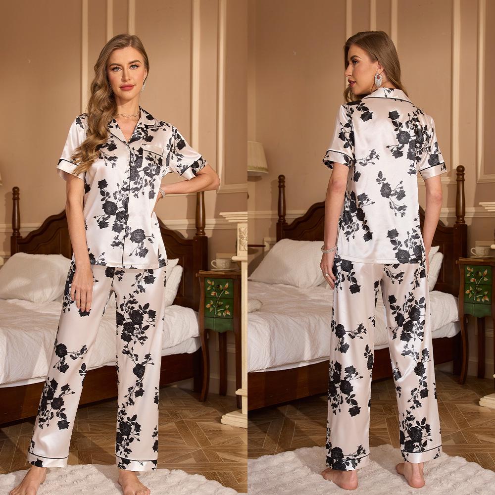 Yaoting Damen Sommer Pyjama Set - Kurzarm, Lange Hose, Modisches Revers, Druckdesign, Lässige Homewear TZ3431