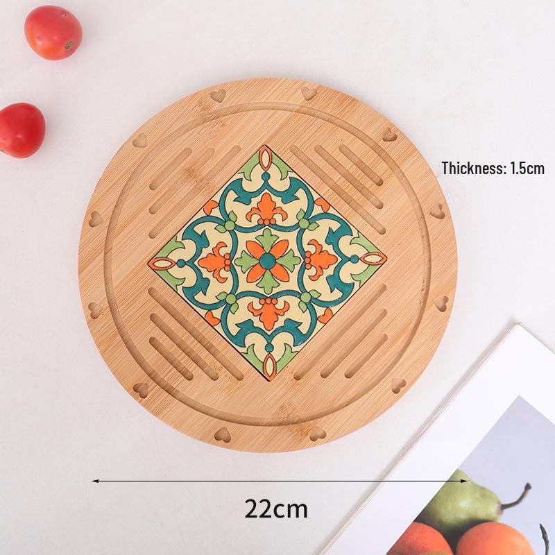 Retro Insulated Wooden Placemat for Pots and Plates, Flower Tile Design