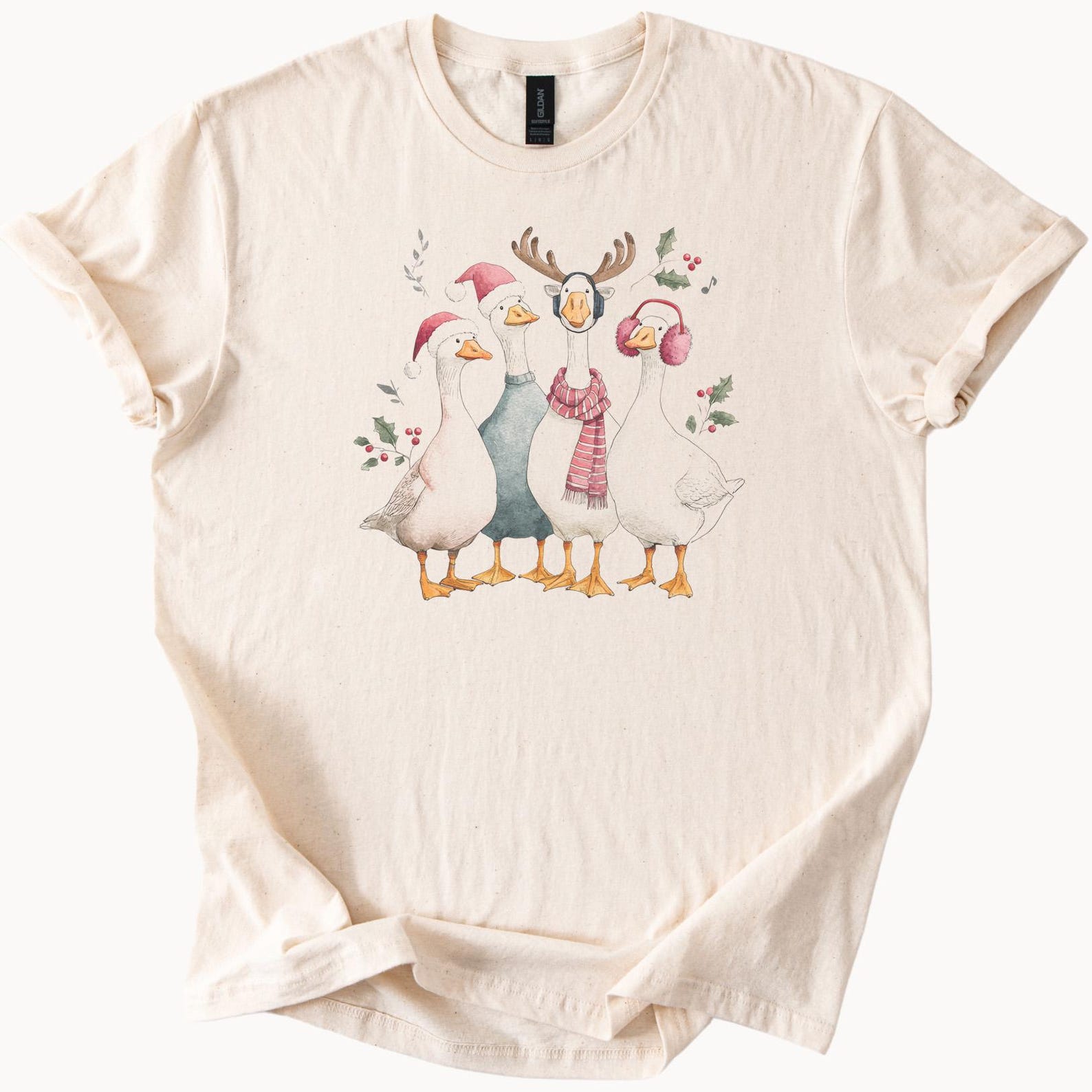 Funny Christmas Goose Shirt Holiday Group Ducks Wearing Santa Hats Antlers Scarf Cute Winter Animal Tee Gift Idea 100